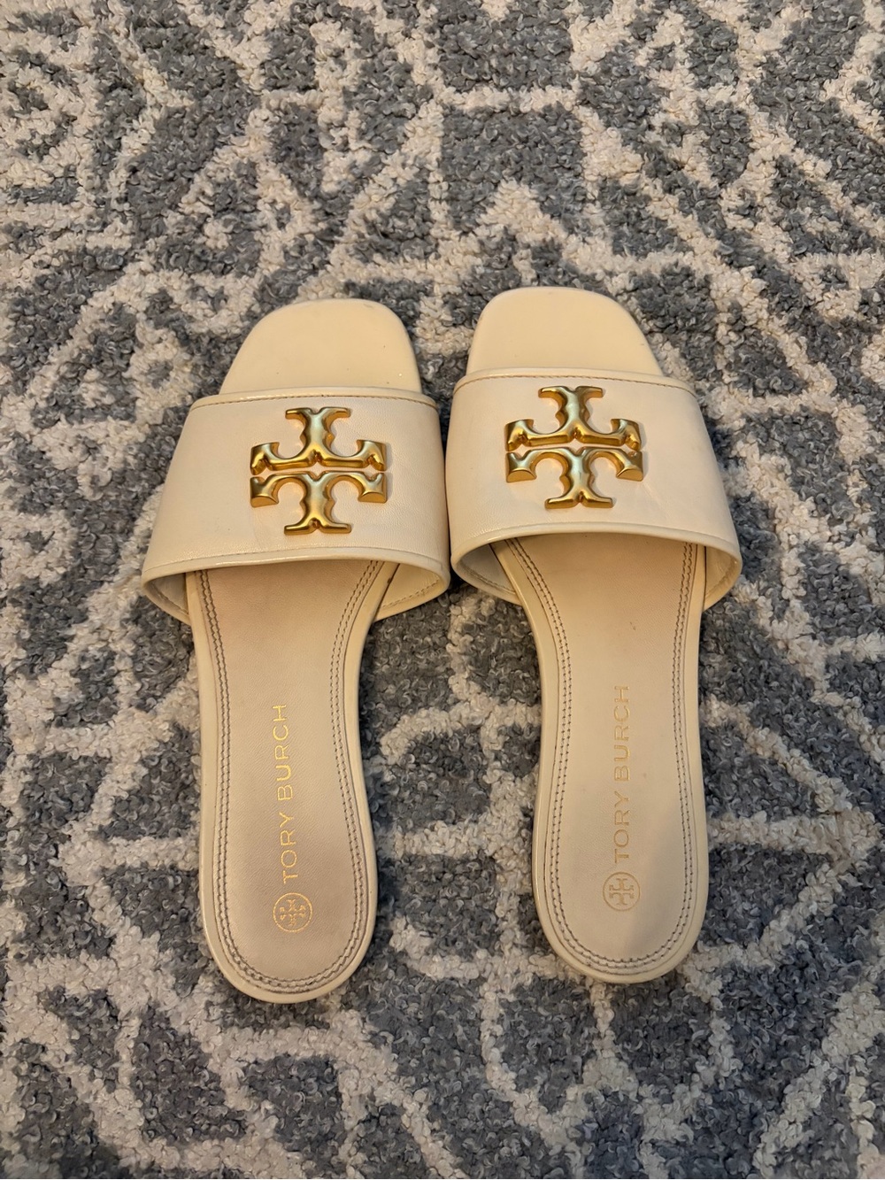 Tory Burch Cream Leather Slide Mules with Gold Logo Emblem